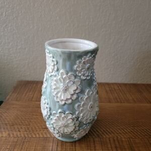 Vintage Ceramic Vase Aqua Glaze with White Raised Floral Design 8.25 Inch Tall